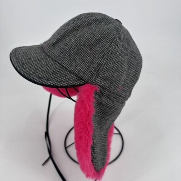 NWT Hat Attack Faux Fur Trapper Hat Bright Pink and Houndstooth Wool Blend - Picture 5 of 10